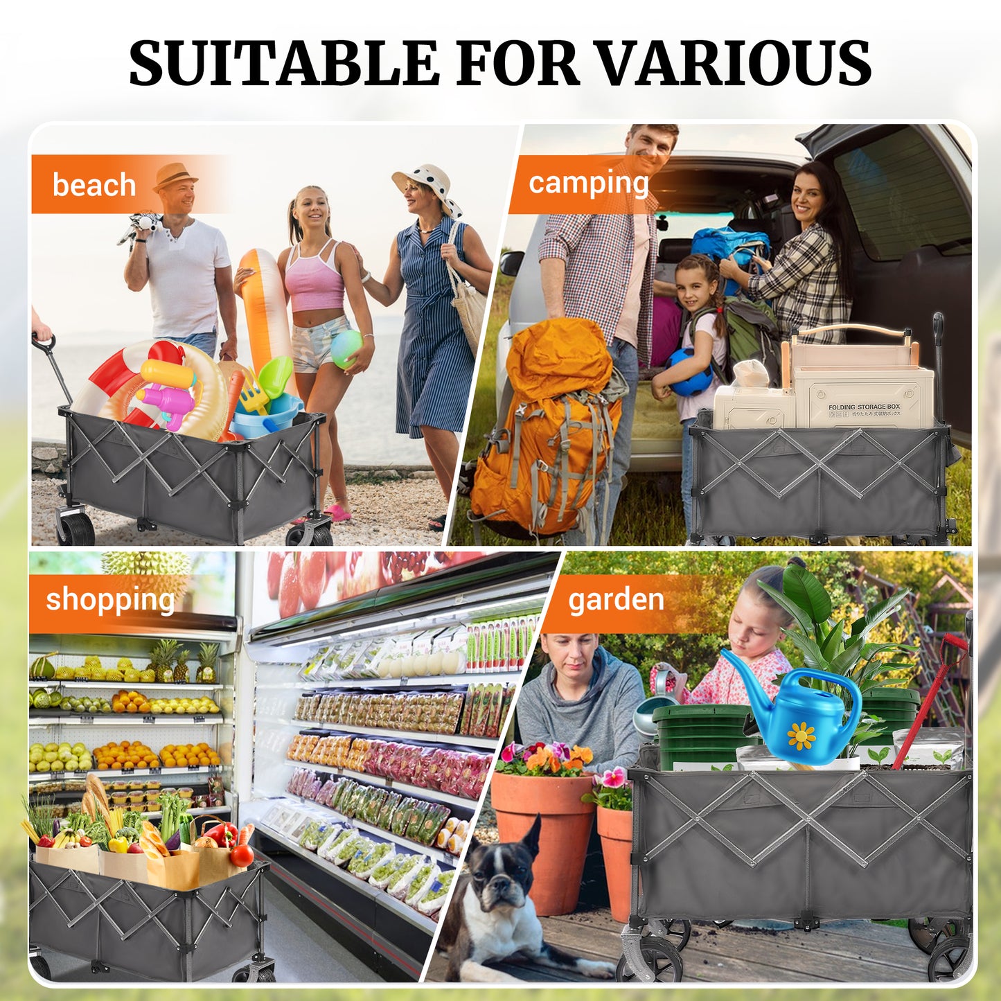 PORTABLE 400L Collapsible Wagon, Folding Wagon Cart, Beach Wagon with Big Wheels, 450LB Heavy Duty Foldable Wagon, Large Capacity Wagon for Camping, Sports, Garden, Baseball image 2