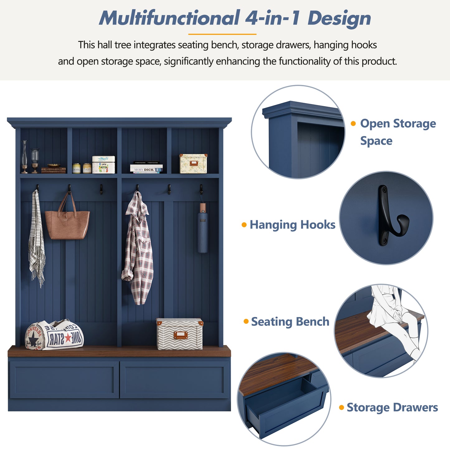 Farmhouse 4-in-1 Hall Tree with Wood Grain Bench, Mudroom Versatile Coat Rack with 2 Large Drawer, Entrance Organizer for Hallway, Living Room, Blue, 55.9"W (OLD SKU: N721P313099C) image 4