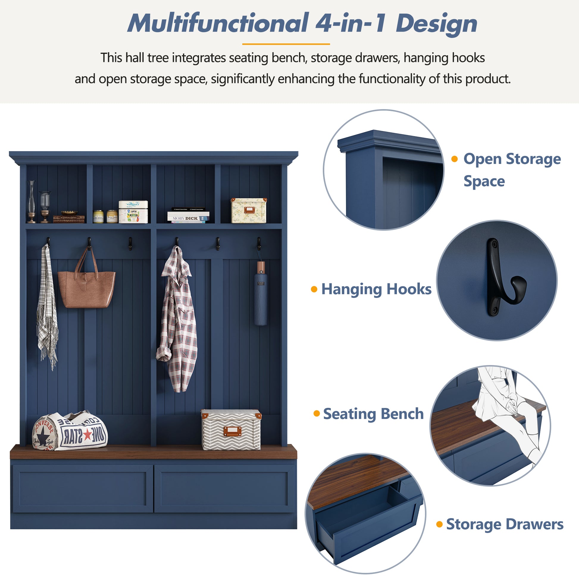 Farmhouse 4-in-1 Hall Tree with Wood Grain Bench, Mudroom Versatile Coat Rack with 2 Large Drawer, Entrance Organizer for Hallway, Living Room, Blue, 55.9"W (OLD SKU: N721P313099C) image 4