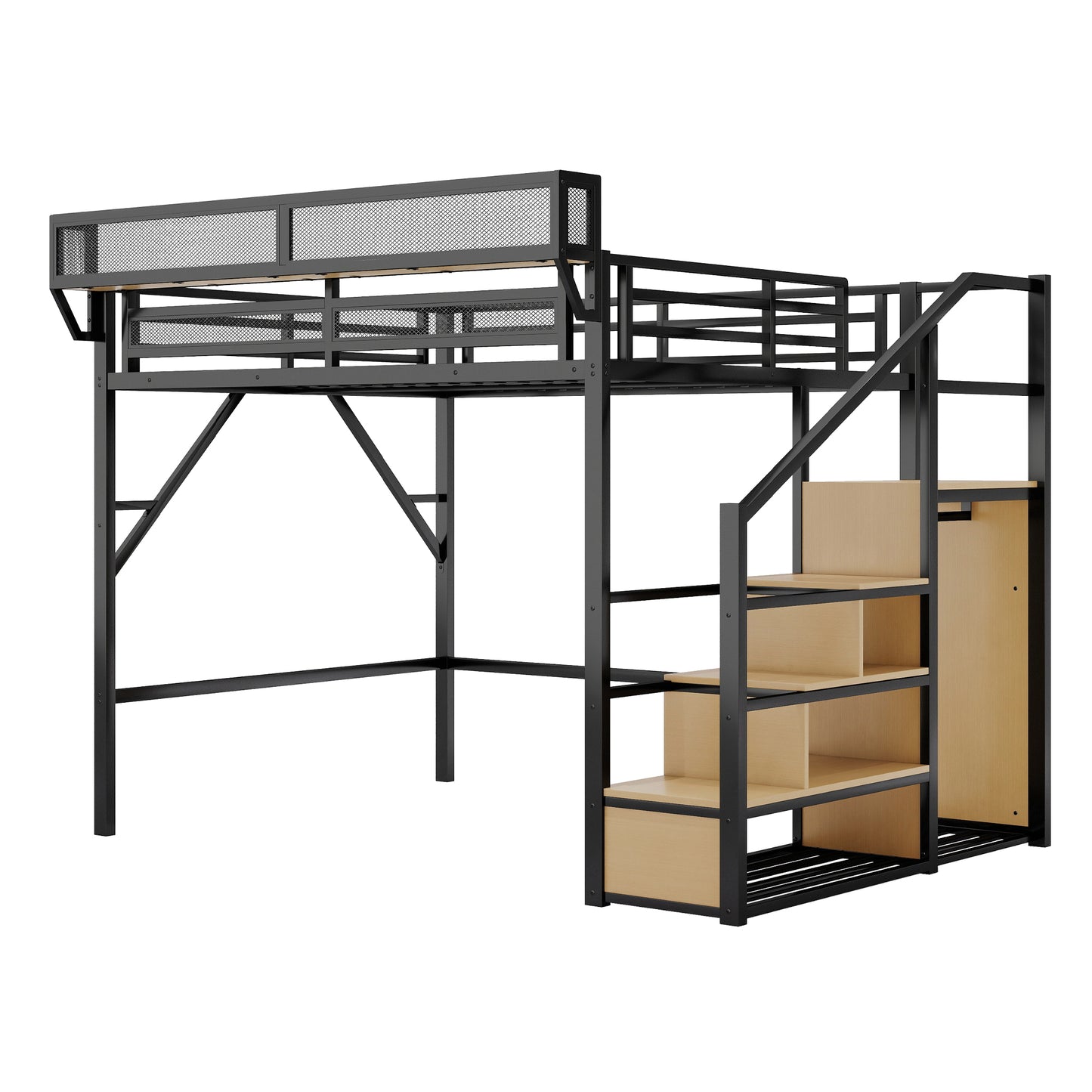 Queen Size Loft Bed with Stairs, Metal Queen Loft Bed with Storage Shelves, High Loft Bed with Wardrobe for Kids Teens Adults, Black(Old SKU W2580S00028) Patent Products image 6