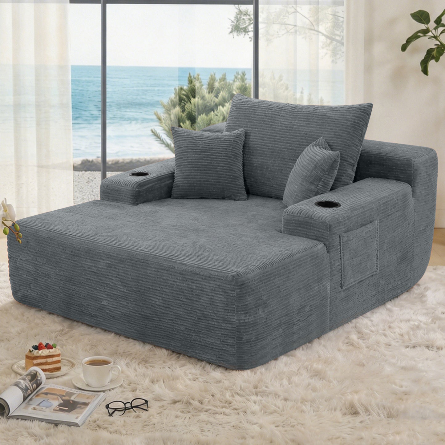 NEW Convertible Chaise Lounge Chair Corduroy with Wide Armrest & Throw Pillows, Cozy Boneless Sleeper Sofa Bed Armchair,with cup holder, for Living Room, Bedroom, No Assembly Required,Grey image 3