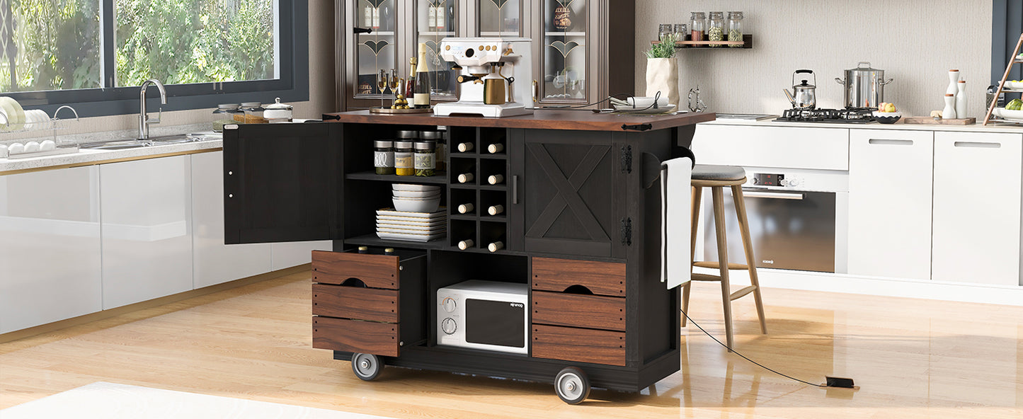 K&K 54" Farmhouse Kitchen Island with Drop Leaf, Power Outlet, Kitchen Storage Cart with 2 Doors, 2 Drawers, Rolling Kitchen Island on 4 Large Wheels with Spice Rack for Kitchen, Dining Room, Black image 6