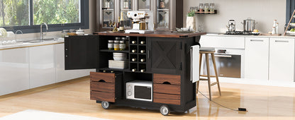 K&K 54" Farmhouse Kitchen Island with Drop Leaf, Power Outlet, Kitchen Storage Cart with 2 Doors, 2 Drawers, Rolling Kitchen Island on 4 Large Wheels with Spice Rack for Kitchen, Dining Room, Black image 6