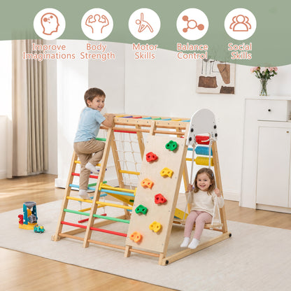 9-in-1 Foldable Kids Climbing Frame & Slide, Wooden Toddler Playground with Swing, Monkey Bars, Climbing Rock, Abacus Game – Indoor Outdoor Playset for Ages 3+, Natural Wood, 176LBS Capacity image 9