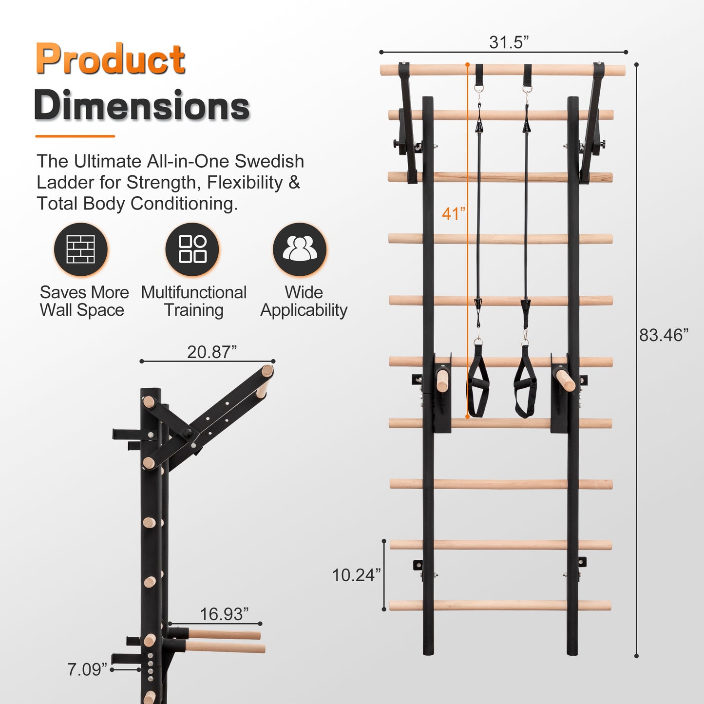 Wall Mount Swedish Ladder Home Gym Training Stall Bar with Adjustable Pull Up Dip Bars & Resistance Straps, Max 286lbs Capacity image 2