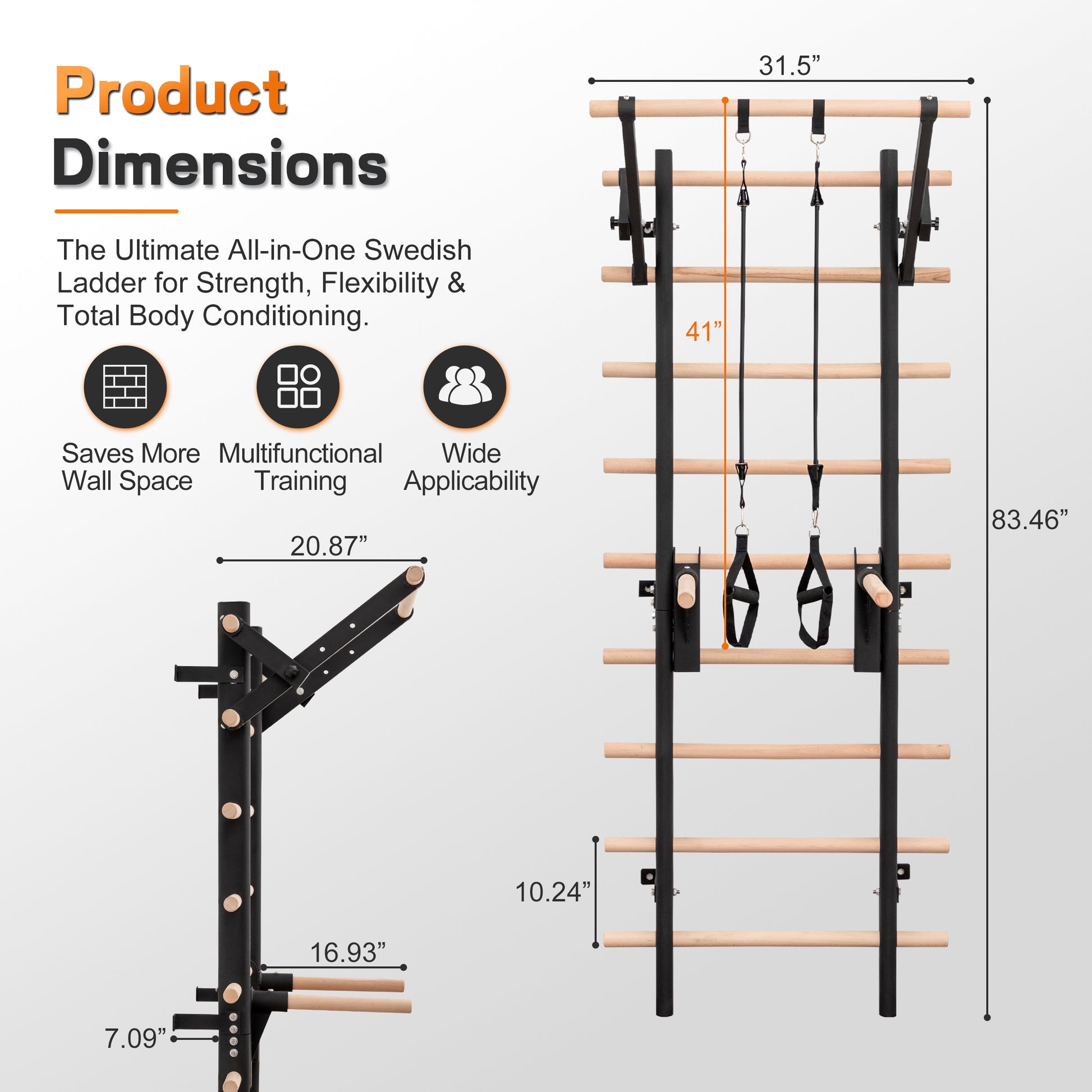 Wall Mount Swedish Ladder Home Gym Training Stall Bar with Adjustable Pull Up Dip Bars & Resistance Straps, Max 286lbs Capacity image 2