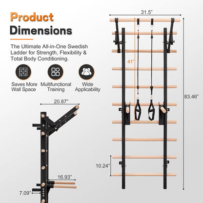 Wall Mount Swedish Ladder Home Gym Training Stall Bar with Adjustable Pull Up Dip Bars & Resistance Straps, Max 286lbs Capacity image 2