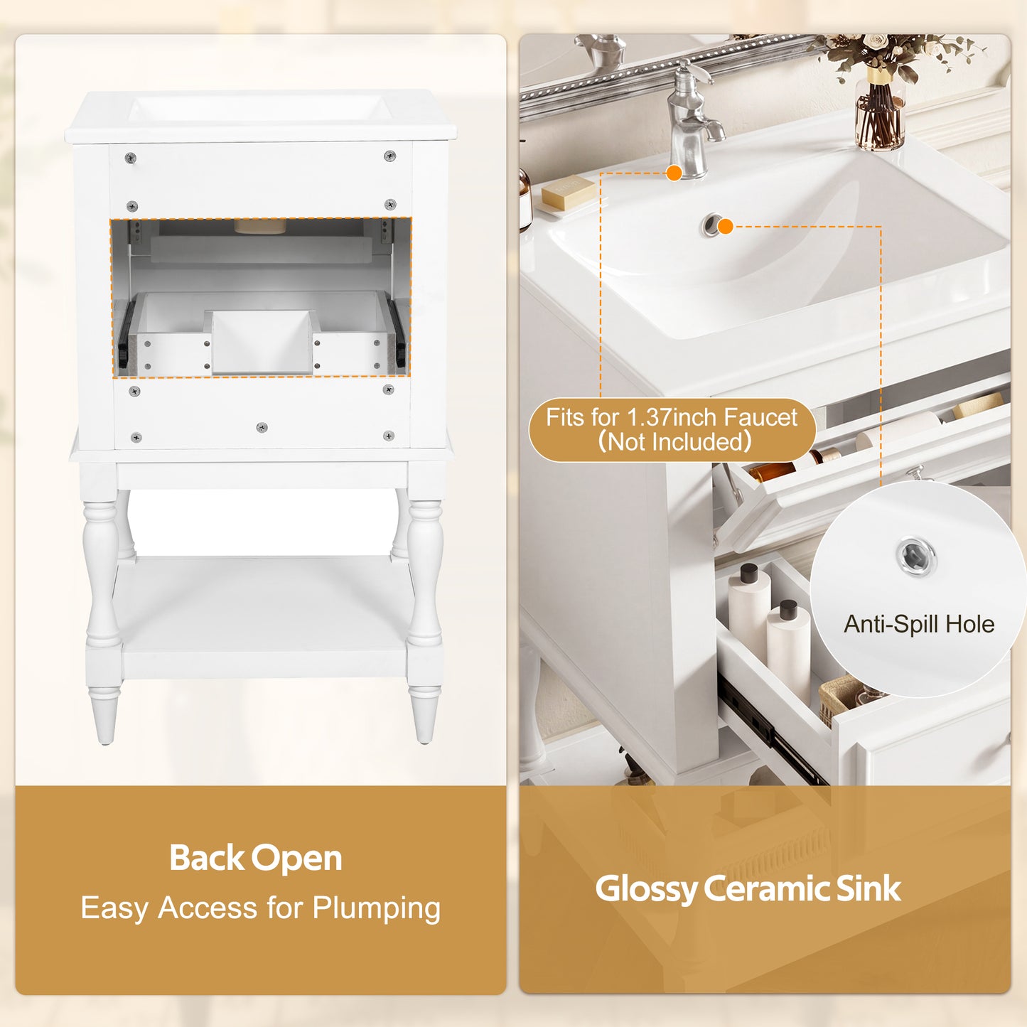 20'' Bathroom Vanity with Ceramic Sink, Bathroom Storage Cabinet with Open Shelf, Retro Design Bathroom Cabinet with 2 Drawers image 7