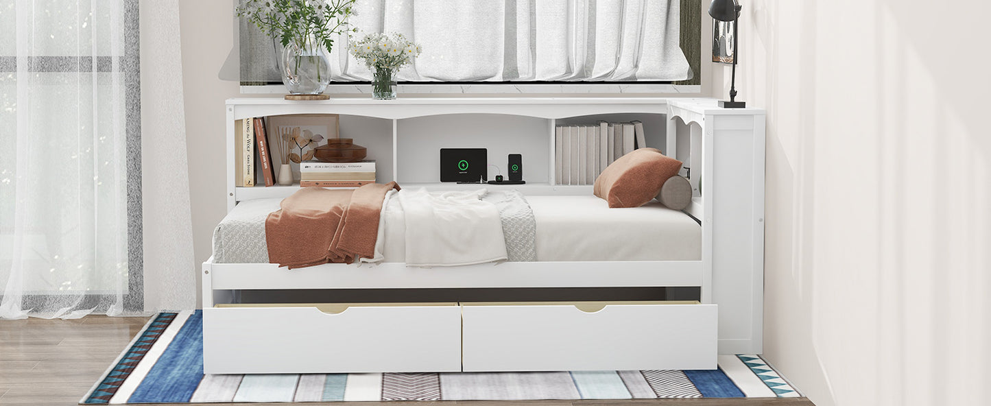 Twin Size Daybed with Two Storage Drawers, Storage Cabinets and USB Ports, White image 6