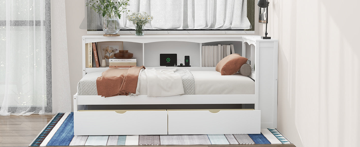 Twin Size Daybed with Two Storage Drawers, Storage Cabinets and USB Ports, White image 6