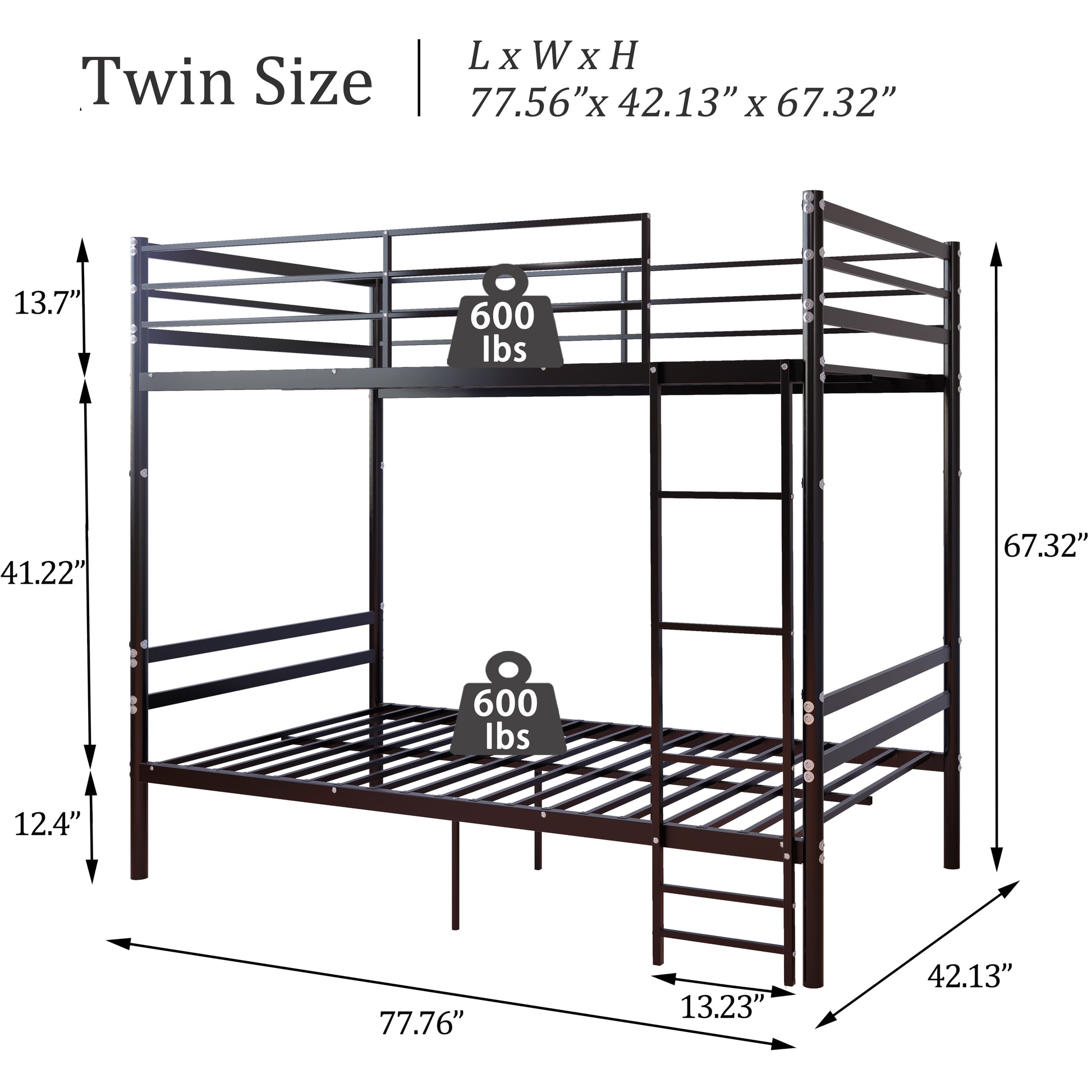 Bunk Bed Twin Over Twin for Kids/Teens/Adults Duty,13.7 inch High Safety Guardrail,One layer with 19 bars and support 600LBS, Sturdy Ladder, Big storage space under the bed,Convertible 2 Beds,Black image 2