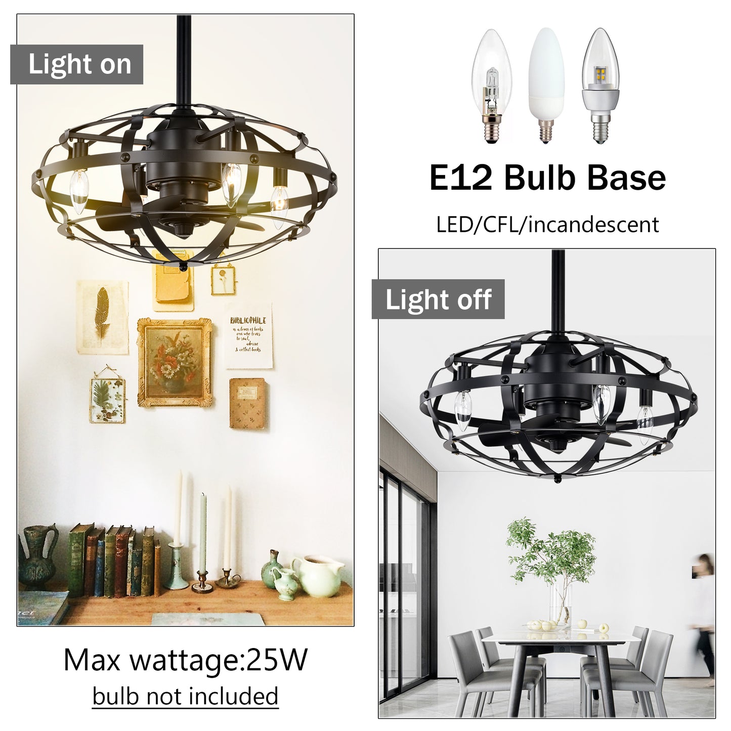 20.63 INCH Caged Ceiling Fan with Lights For Farmhouse, Bedroom Living Room bedroom--NOT Included Bulbs--Matte Black image 10