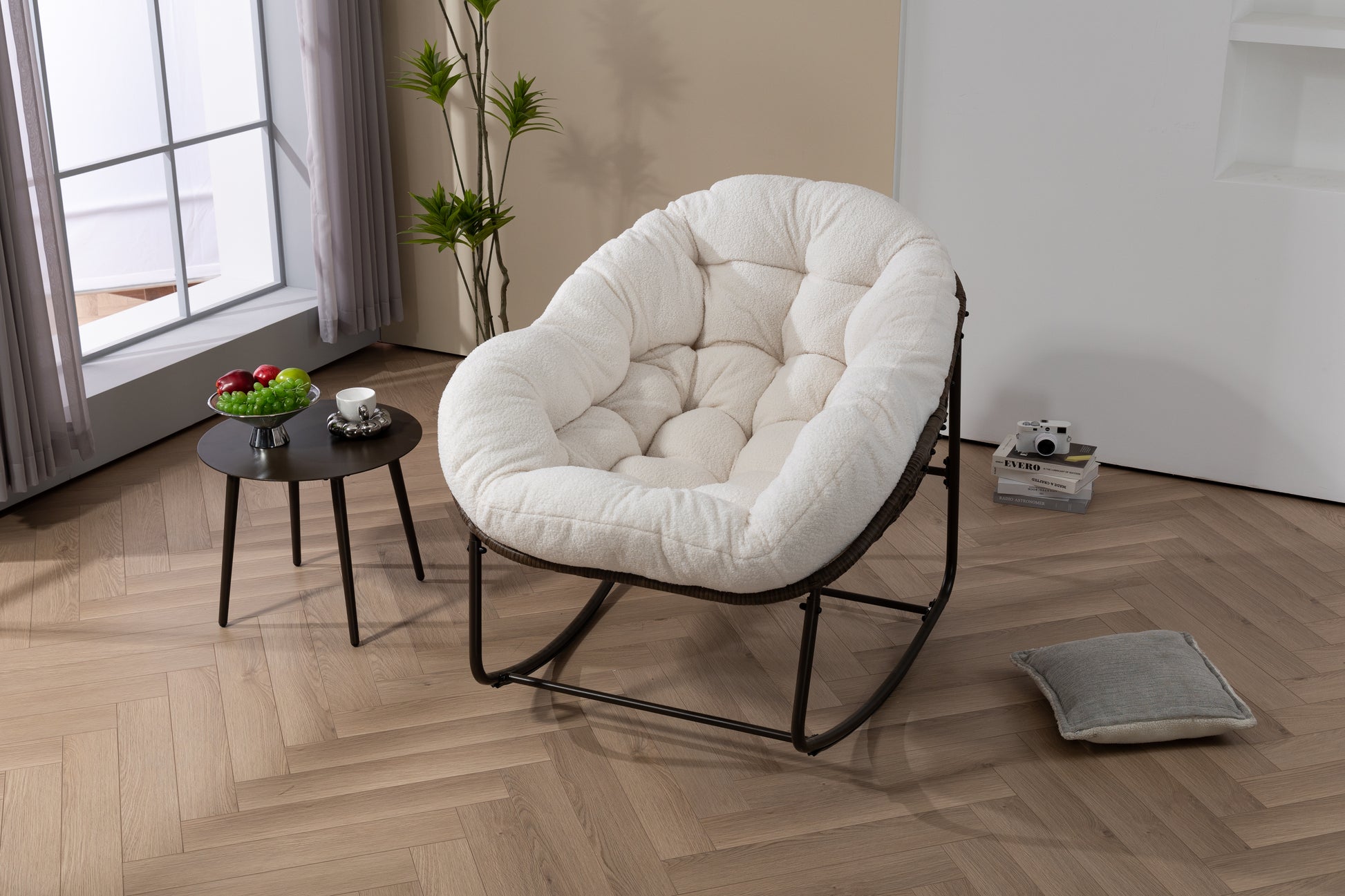 Outdoor Rattan Rocking Chair,Padded Cushion Rocker Recliner Chair Outdoor for Front Porch, Living Room, Patio, Garden, White image 7
