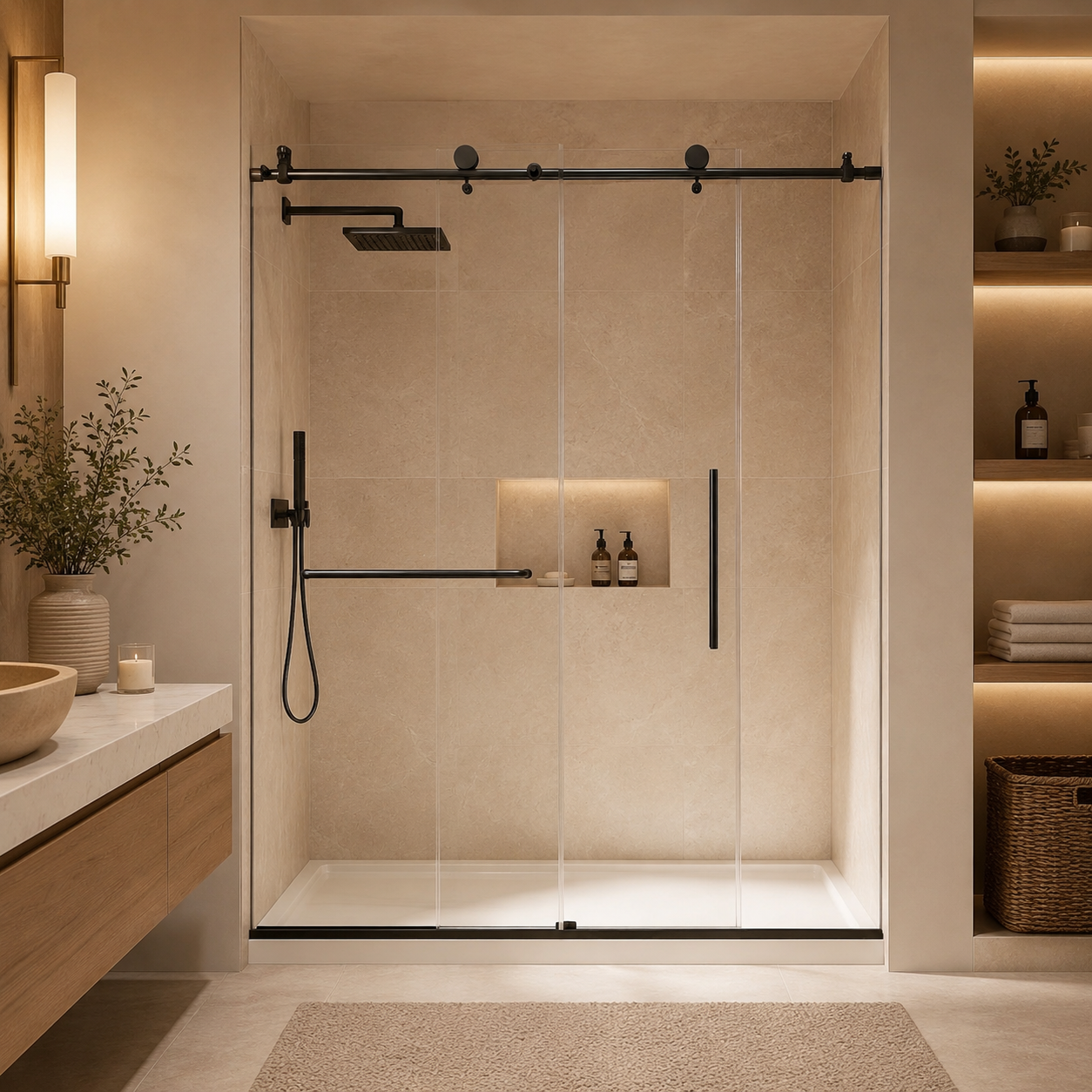 56-60" W x 76" H Frameless Sliding Shower Door, 1/4" (6mm) Clear Tempered Glass with Safety Film and Nano Coating, Stainless Steel Round Rail, Matte Black image 1