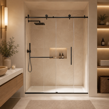 56-60" W x 76" H Frameless Sliding Shower Door, 1/4" (6mm) Clear Tempered Glass with Safety Film and Nano Coating, Stainless Steel Round Rail, Matte Black image 1
