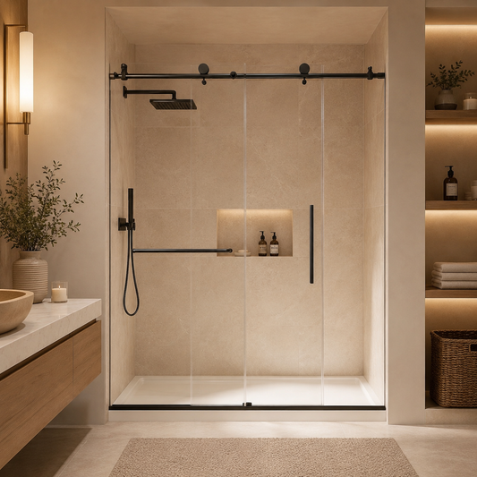 Frameless sliding shower door matte black front view