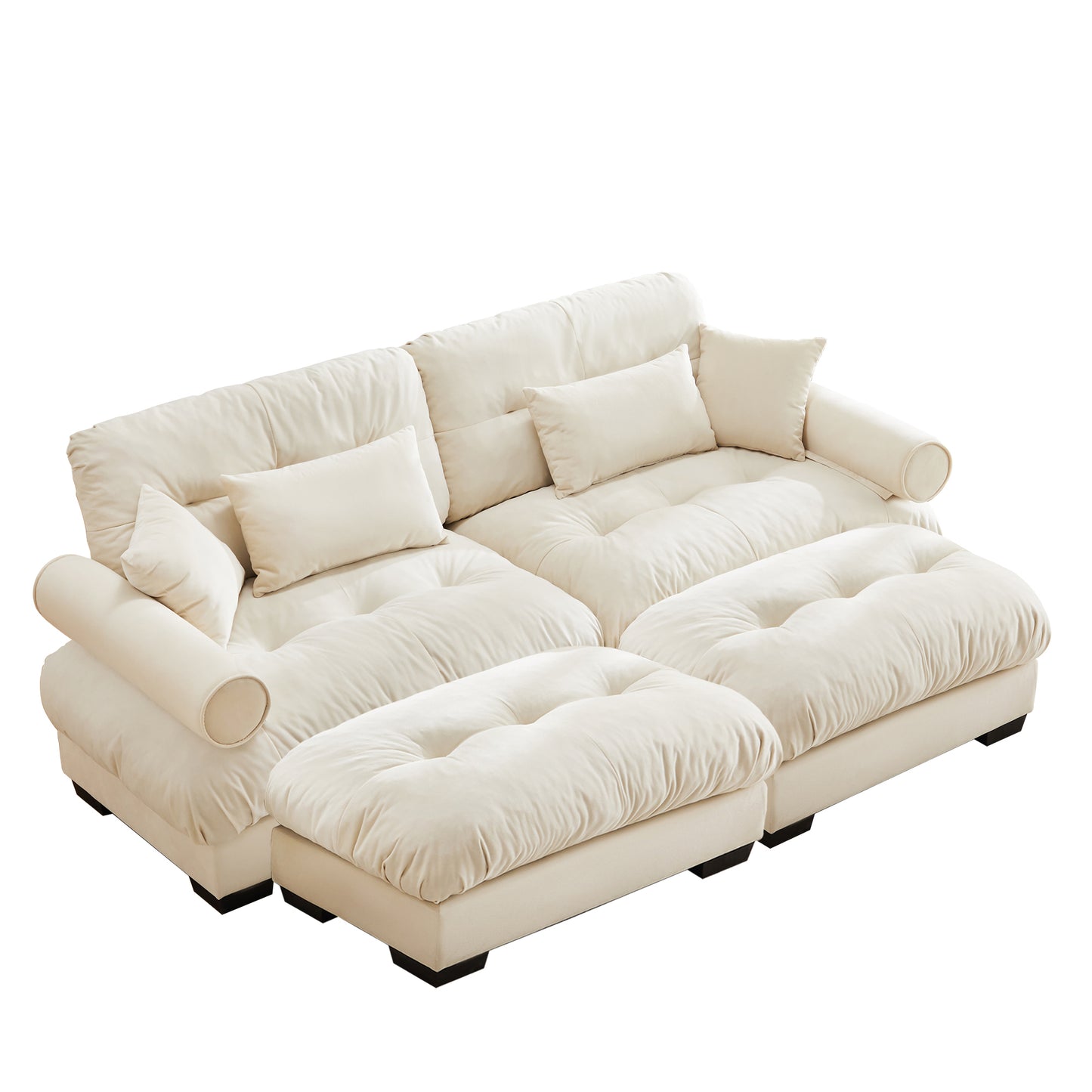 Over Size Modern Two-seater Sofa with Ottoman, Velvet 2-Seater with Round Bolster Armrests,With Waist Pillow and Throw Pillows,Reading Room, Loft and Bedroom,Cream image 11