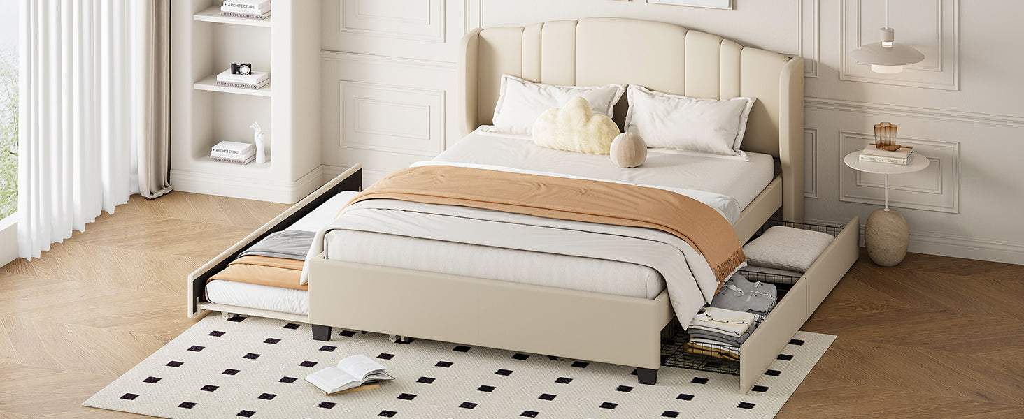 Upholstered Platform Bed with Wingback Headboard, One Twin Trundle and 2 Drawers, No Box Spring Needed, Linen Fabric, Queen Size, Beige image 9