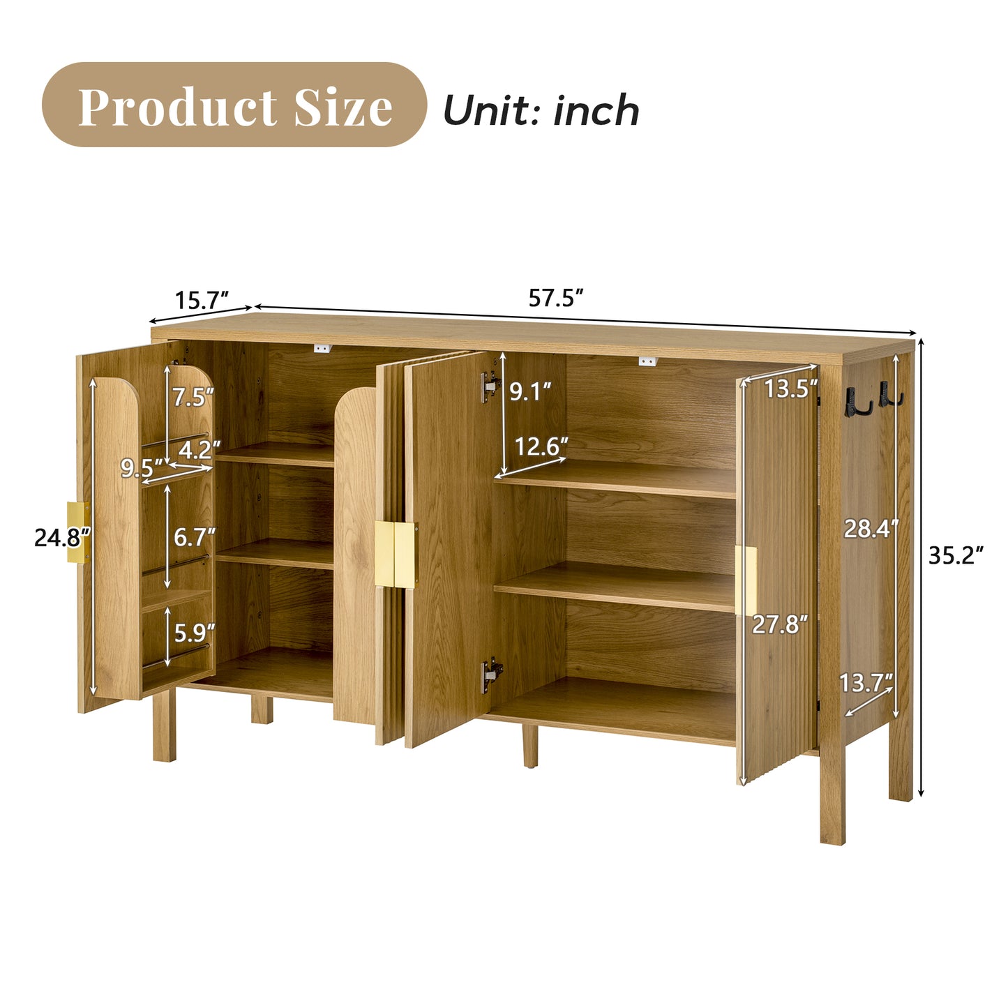 U_STYLE Modern 57.5" Stripe Door Storage Cabinet, 4-Door Sideboard with Back-of-Door Storage Racks & Side Hooks, Adjustable Shelves, MDF Cabinet with Aluminum Handles for Living Room, Dining Room image 3
