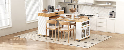 TREXM Extendable Dining Table with Extra-Long Folding Top, Rolling Kitchen Island with Drawers, Power Outlet and Brake lock, Storage Cabinet for Kitchen and Dining Room (Natural + Creamy White) image 6