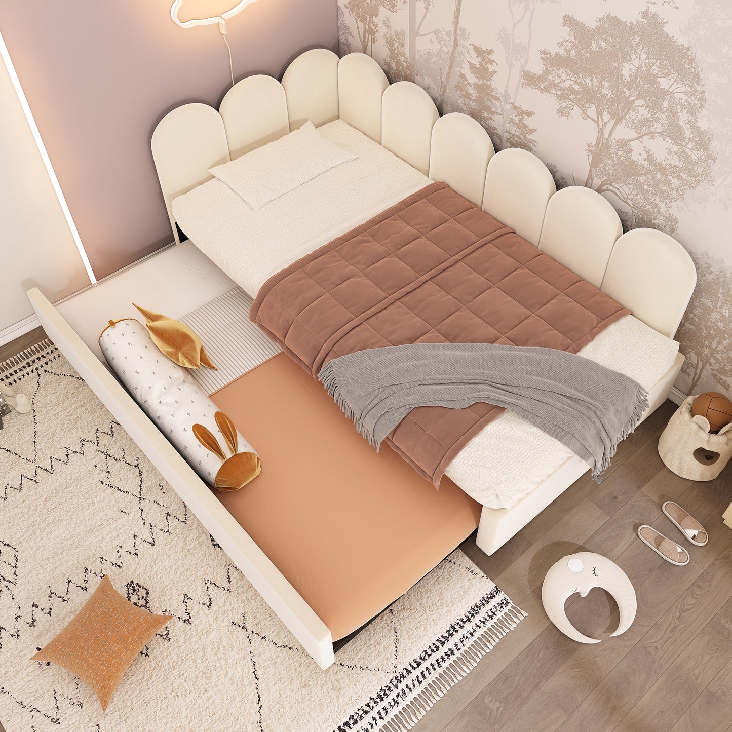 Upholstered Bed Daybed With Pull-Out Bed, Twin Size Single Sofa Bed,Guest Beds For Adults and Children, Bed With Metal Slatted Frame, Velvet, Beige (Without Mattress) image 1