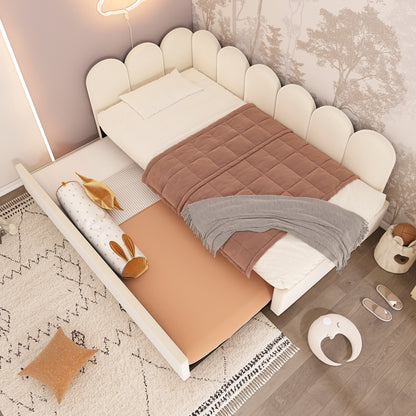 Upholstered Bed Daybed With Pull-Out Bed, Twin Size Single Sofa Bed,Guest Beds For Adults and Children, Bed With Metal Slatted Frame, Velvet, Beige (Without Mattress) image 1