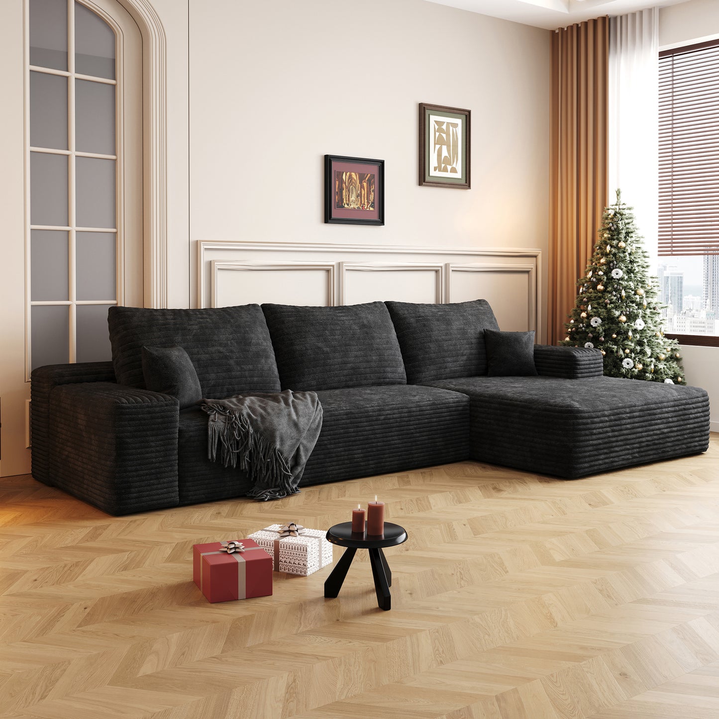 107" Cloud Sectional Couch with L-Shape Chaise,Modern Modular Sofa with Deep Seat, Upholstered Couches for Living Room Bedroom,No Assembly Required, BLACK(Plush Corduroy Fabric),Black image 2