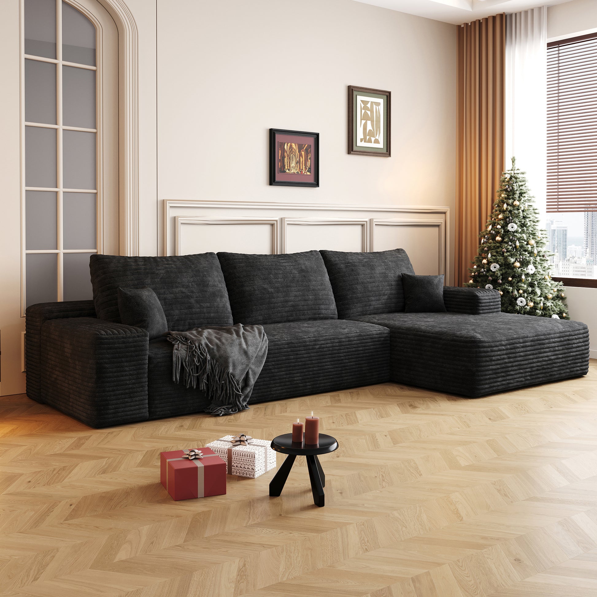 107" Cloud Sectional Couch with L-Shape Chaise,Modern Modular Sofa with Deep Seat, Upholstered Couches for Living Room Bedroom,No Assembly Required, BLACK(Plush Corduroy Fabric),Black image 2