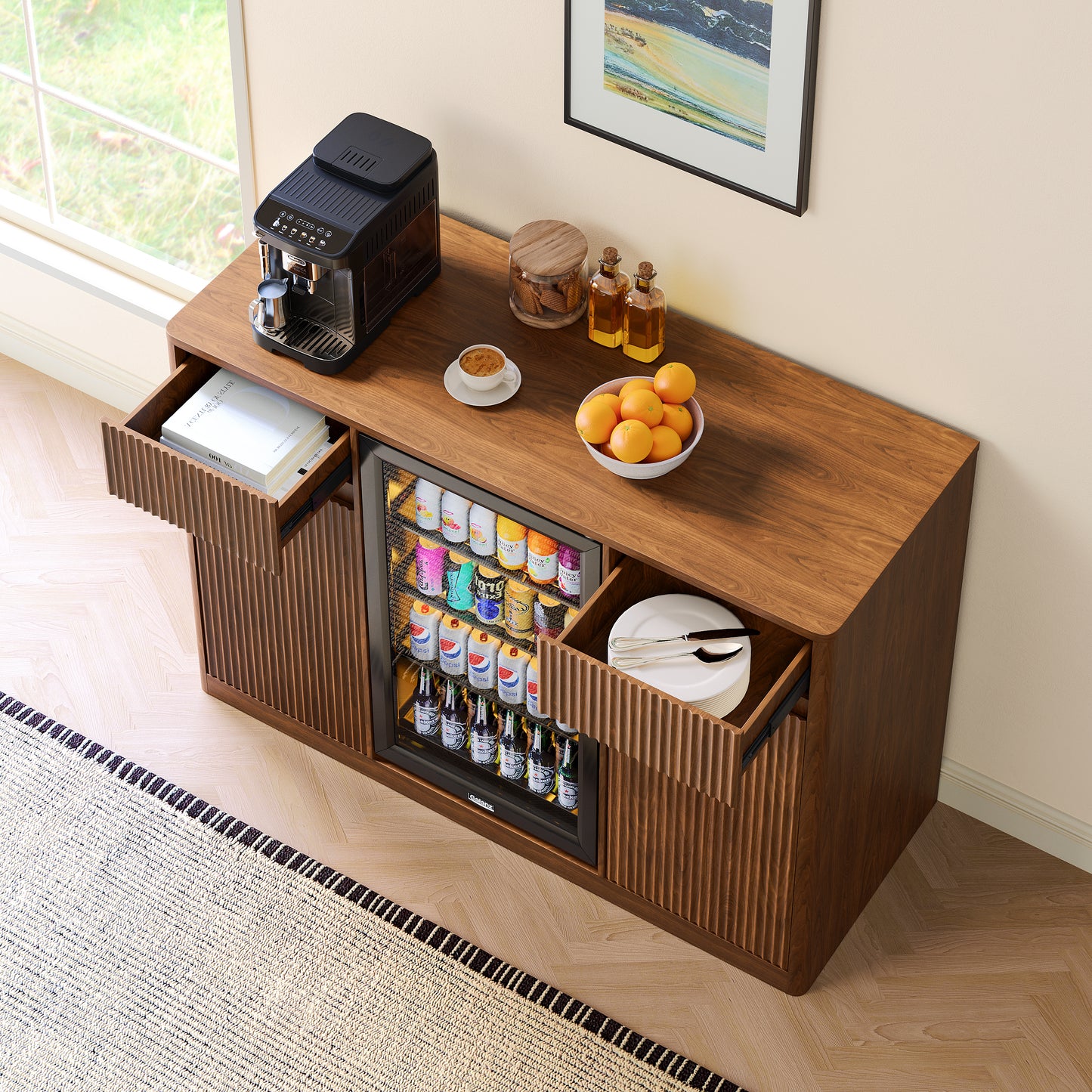 53'' Fluted Bar Cabinet with Fridge Space (Fridge Not Included), Modern Coffee Station with Charging Hub & Wine Glass Rack, Walnut Buffet Sideboard for Home Beverage & Liquor Storage. image 6