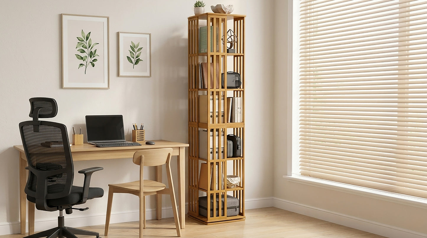 Rotating Bookshelf Tower, 360° Display Spinning Bookcase, 6 Tier Bamboo Bookshelf Floor Standing Storage Rack, Wood Narrow Book Shelf Organizer for Kids Adults (BROWN) image 9
