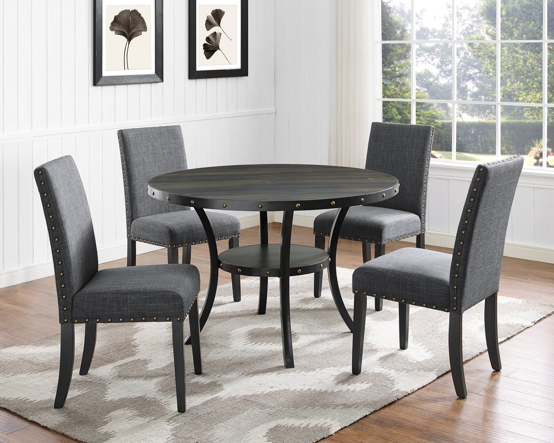 Biony Espresso Wood Dining Set with Gray Fabric Nailhead Chairs image 3