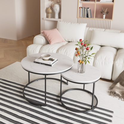 27.6" Nesting Coffee Table Set of 2, Round Coffee Table Wood Marble Pattern Top with Sturdy Metal Frame, End Table Side Tables for Living Room Bedroom Balcony Yard (White) image 9