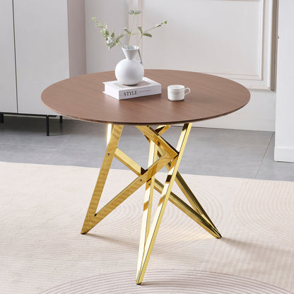 37Inch Round Dining Table, Small Round Kitchen Table With Golden Metal Legs, Suitable For 2 To 4 People, Modern Dining Room Table, Brown, Walnut Color. image 1