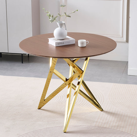 37 inch round dining table with golden legs and walnut tabletop - front view