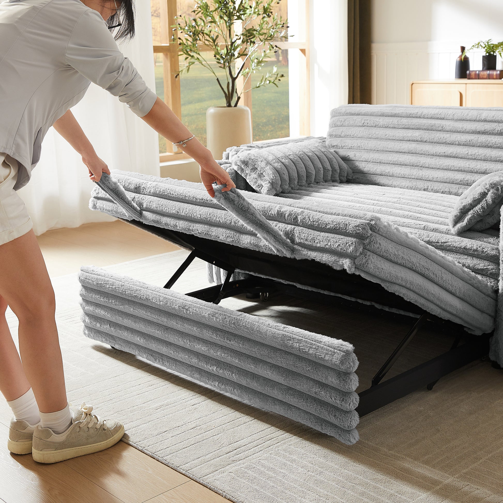 Light Grey Corduroy Sofa Bed with Pull Out Bed image 5