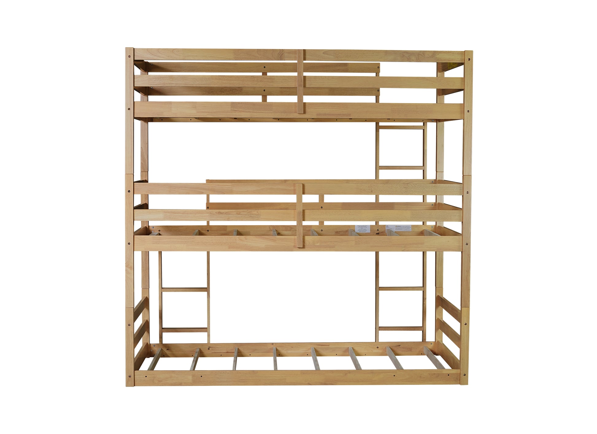 Triple Rubber Wood Bunk Bed with Two Built-in Ladders, Guardrails, Twin over Twin over Twin, Detachable Triple Twin Bunk Bed,Natural image 4