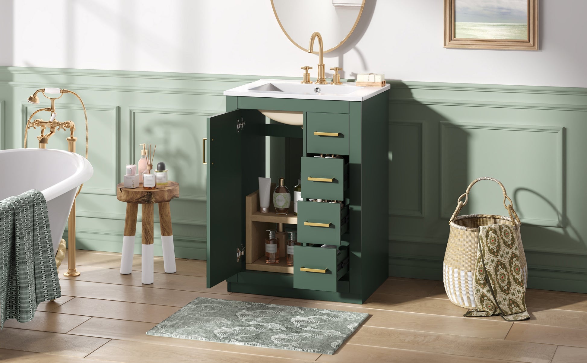 24" Bathroom Vanity with Integrated Ceramic Sink, Bathroom Cabinet with 1 Door, 3 Drawers, Single Sink Bathroom Vanity for Small and Medium Restroom, Green image 12