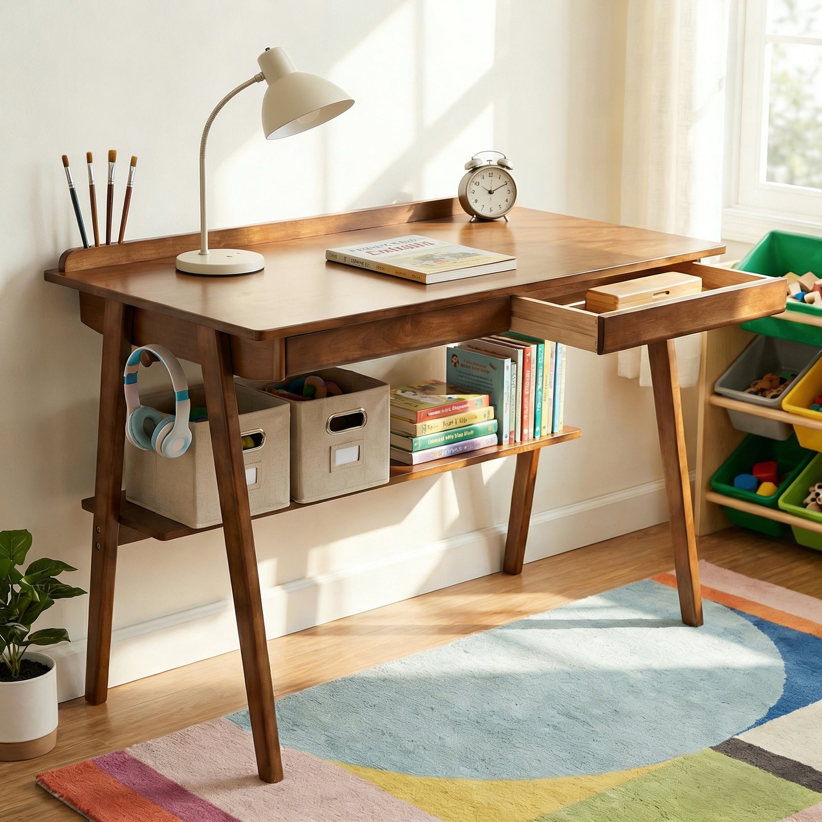 Solid Wood Writing Desk, Home Office Desk for Small Spaces, Mid Century Modern Desks with 2 Drawers & Storage Shelf, Standing Desk with Side Hooks for Study, Bedroom, Office (Walnut) image 4