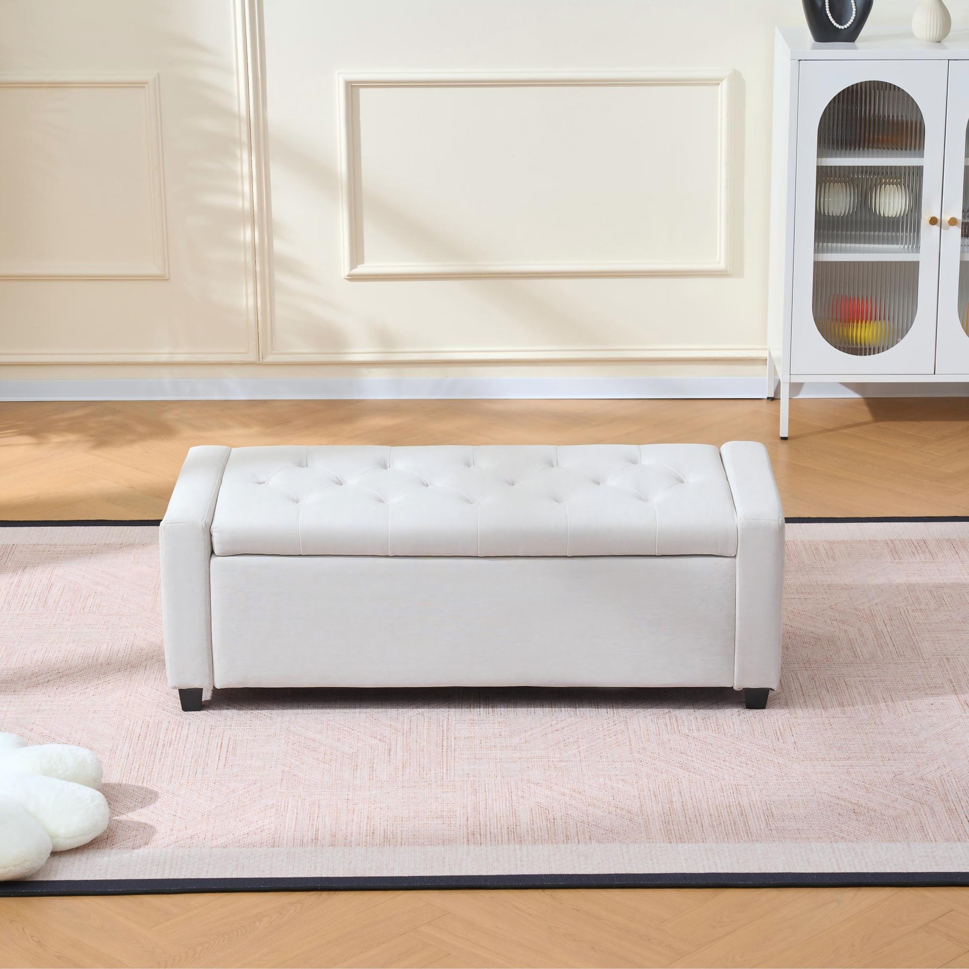 48" Storage Bedroom Bench for End of Bed, Faux Linen Upholstered Storage Ottoman with Arms for Bedroom,Living Room, Entryway, Beige image 2