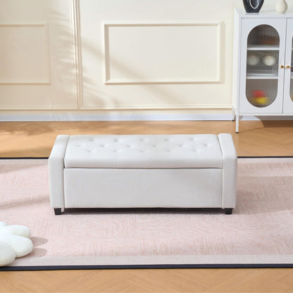48" Storage Bedroom Bench for End of Bed, Faux Linen Upholstered Storage Ottoman with Arms for Bedroom,Living Room, Entryway, Beige image 2