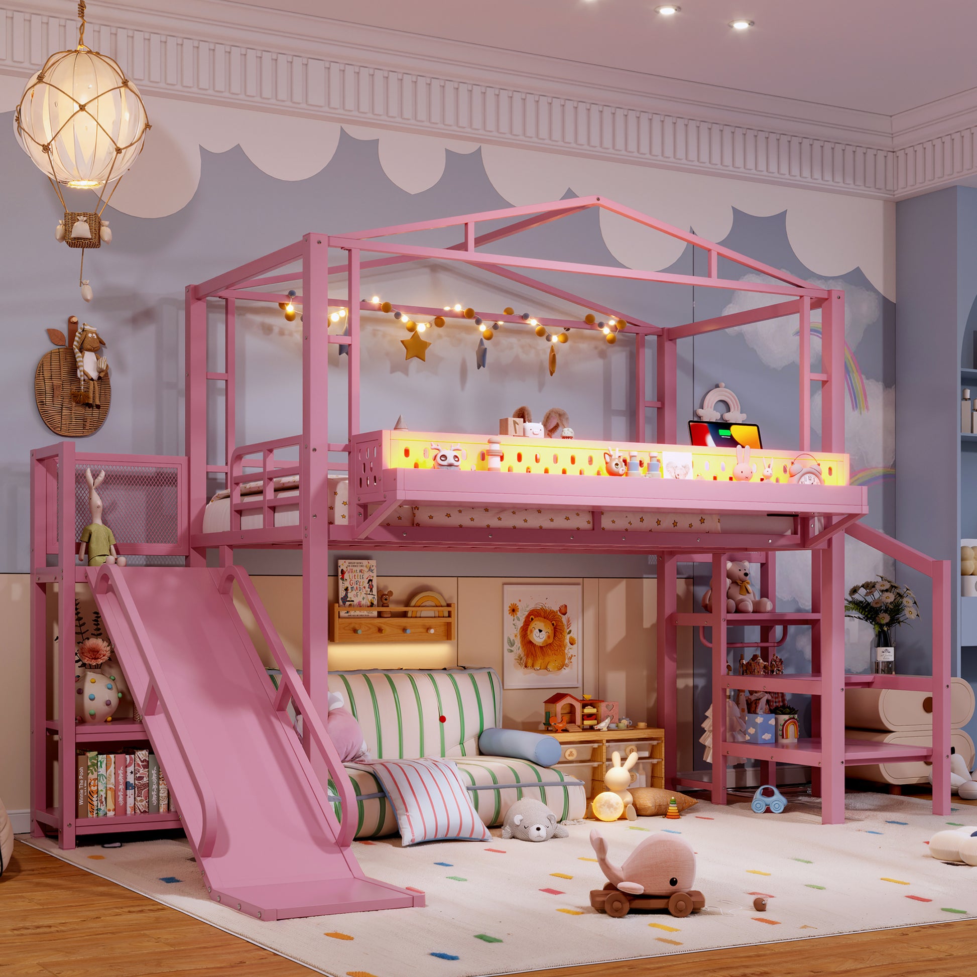 Twin Size Loft Bed with Storage Stairs, Shelves and Built-in Wardrobe, Metal Loft Bed Frame with USB Ports and LED Lights, Noise-reduced Design, Pink image 1