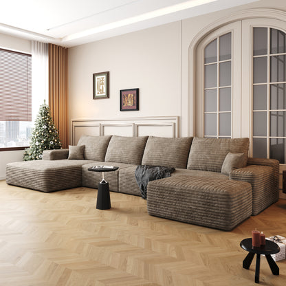 135" Cloud Sectional Sofa with 1 Ottoman,Modern Minimalist Upholstered Couches, Comfort U Shaped Sofa for Living Room,Deep Seat Corner Couch,No Assembly Required,Camel(Plush Corduroy Fabric) image 1