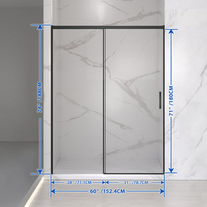 56-60" W x 74" H Semi-Frameless Sliding Shower Door, 1/4" (6mm) Clear SGCC Tempered Glass, Matte Black Finished, Adjustable Width – No Cutting Required image 4