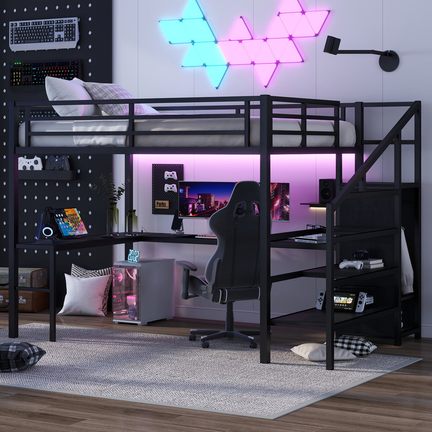 Queen Size Loft Bed with L-shaped Desk and USB, Metal Loft Bed with Wardrobe and Adjustable Shelf, High Loft Bed with LED for Kids Teens Adults, Black image 1