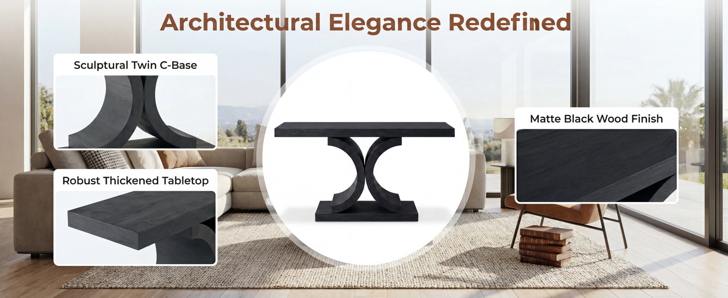 60" Black Console Table, Modern Narrow Sofa Table with Sculptural Curved Base, MDF with Real Wood Veneer Entryway Table, for Living Room, Hallway, Foyer, Black Oak image 12