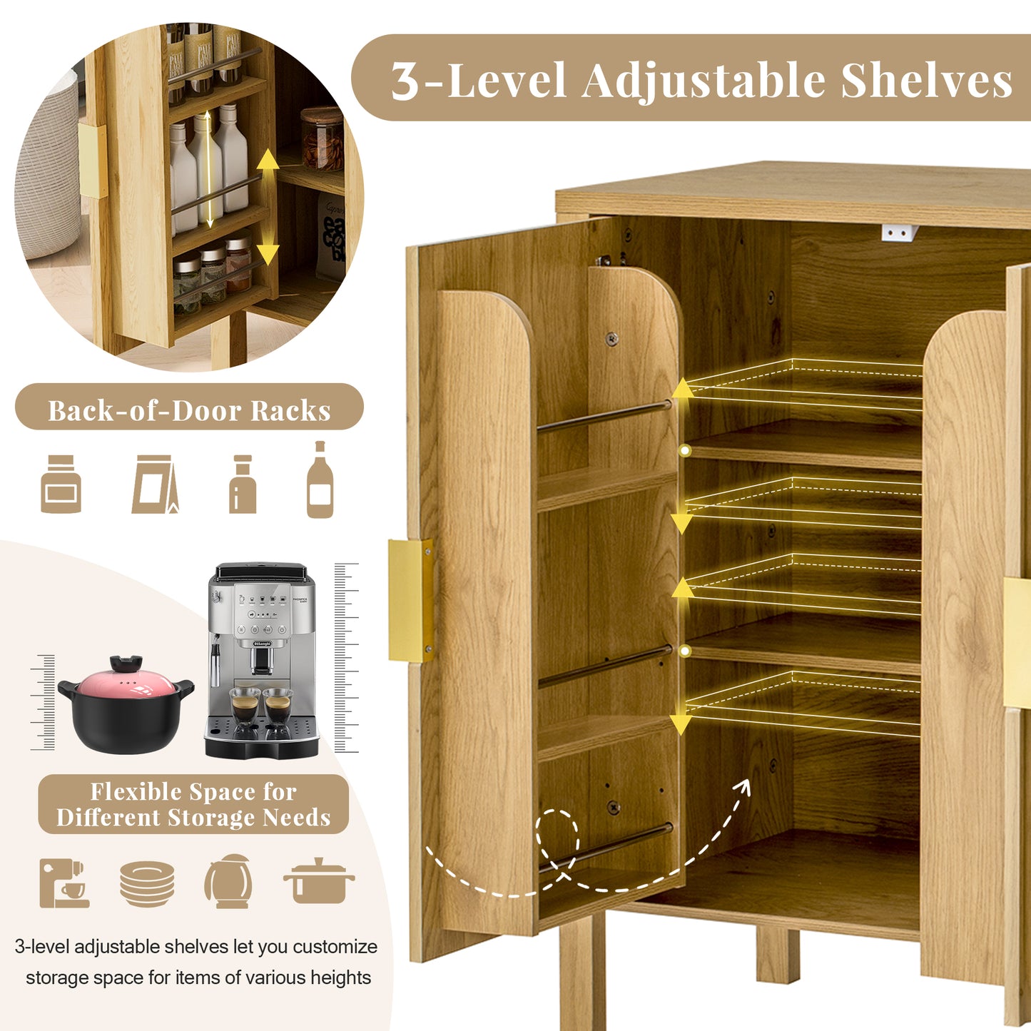 U_STYLE Modern 57.5" Stripe Door Storage Cabinet, 4-Door Sideboard with Back-of-Door Storage Racks & Side Hooks, Adjustable Shelves, MDF Cabinet with Aluminum Handles for Living Room, Dining Room image 5