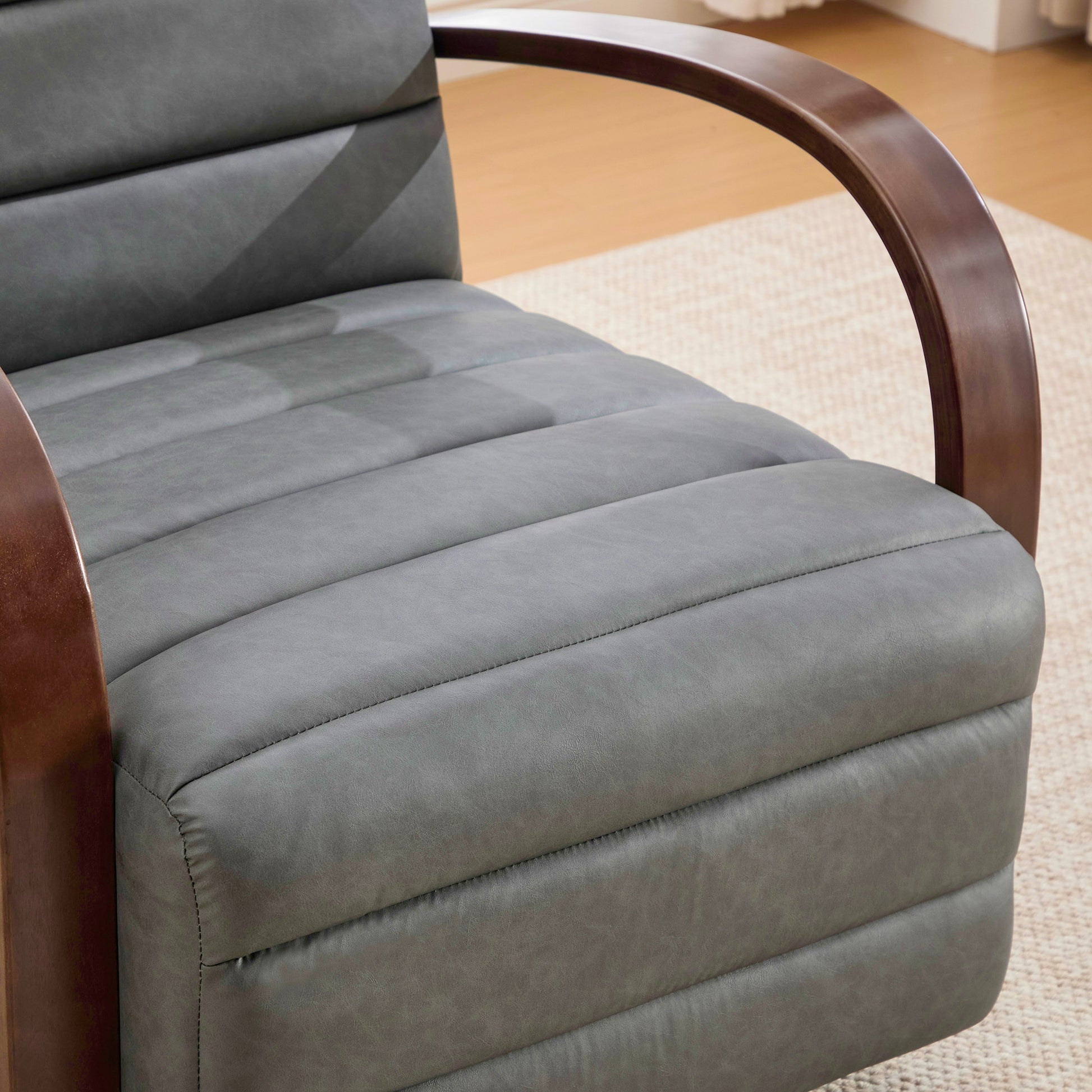 30.7"W Modern Upholstered 360° Swivel Accent Chair with Solid Wood Armrests and Comfy Channel Tufted Lounge Reading Chair, Single Sofa Armchair for Hotel Bedroom Living Room Office and Bedroom. Gray image 10