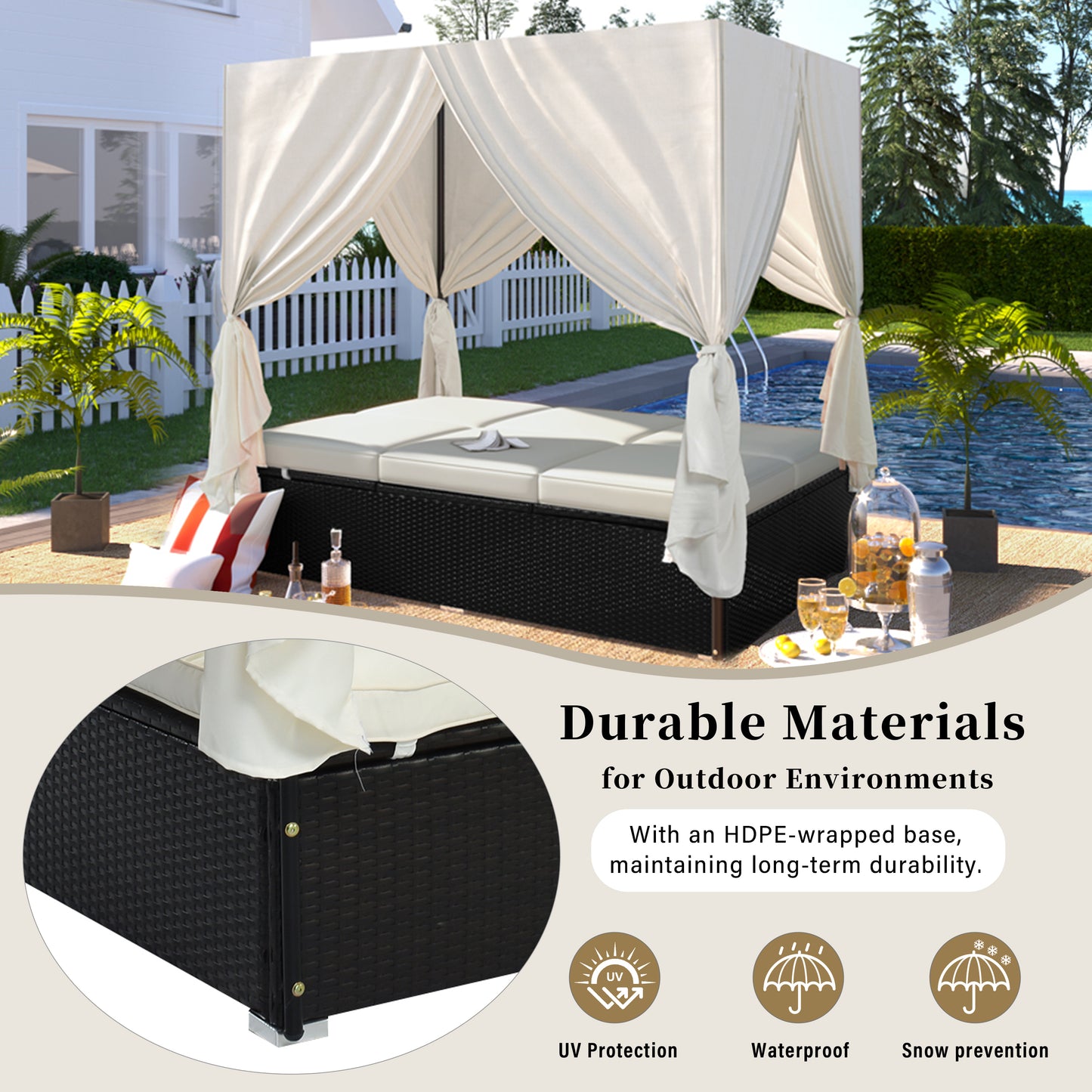 U_STYLE Outdoor Double Chaise Lounge Daybed with Curtains,Patio Outdoor Sunbed with Adjustable Backrest, Sturdy Steel Frame Loveseat Sofa for Backyard,Poolside, Terrace image 6