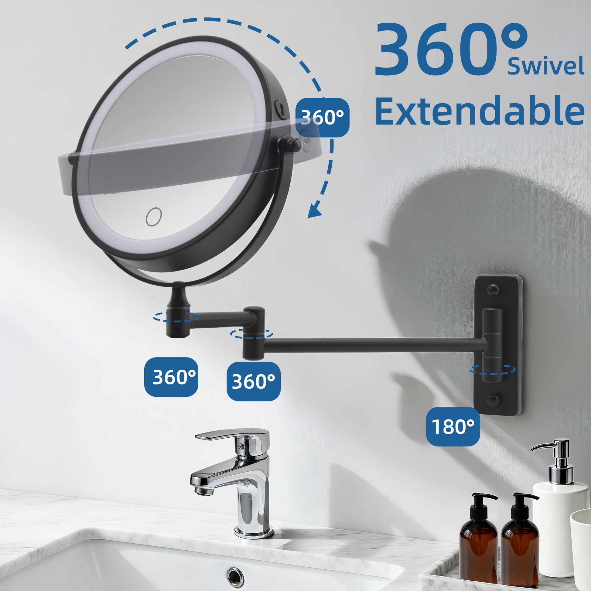 Wall Mounted Lighted Makeup Mirror, 1000mAh Rechargeable Double Sided 1X/10X Magnifying Mirror with Light,3 Color Lights,Touch Dimmable, Extended Arm 360 Rotation Wall Mounted Makeup Mirror image 5