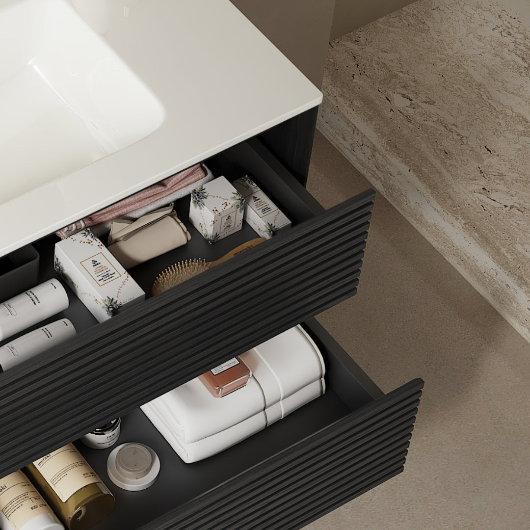 BRON 36" Bathroom Vanity with Sink, Modern Wall-Mounted Floating Plywood Bathroom Cabinet with 2 Drawers, White Ceramic Basin with Sink Hole Cover and Drain, Pre-assembled, Dark Oak Woodgrain Color image 2